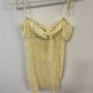 Princess Polly white and yellow rouched mini dress with spaghetti straps